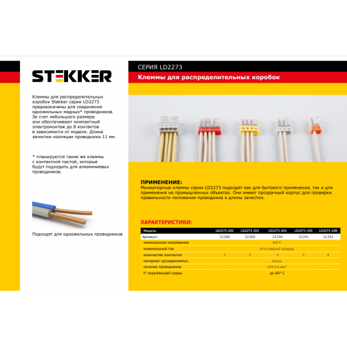 Клемма монтажная 2-проводная STEKKER  для 1-жильного проводника, LD2273-202, 200 шт