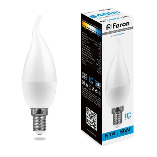 Лампа светодиодная Feron LB-570 Свеча на ветру E14 9W 6400K 10 штук