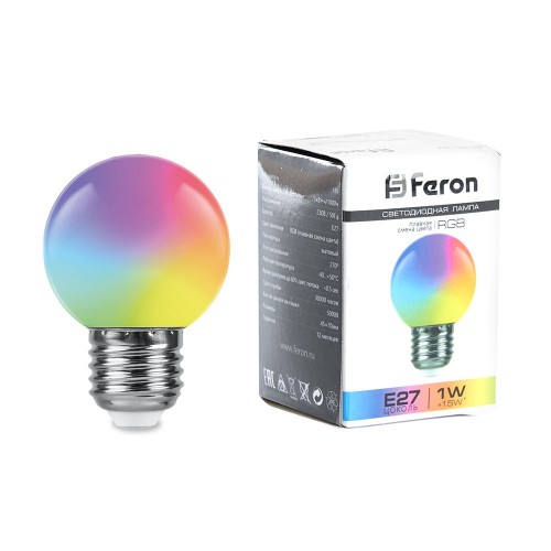 Лампа светодиодная Feron LB-37 Шарик матовый E27 1W RGB плавная сменая цвета 10 штук