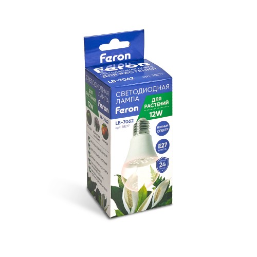Лампа светодиодная для растений А60 Feron LB-7060 E27 12W полный спектр 10 штук