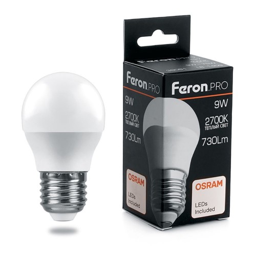 Лампа светодиодная FeronPRO LB-1409 Шарик E27 9W 2700K 10 штук