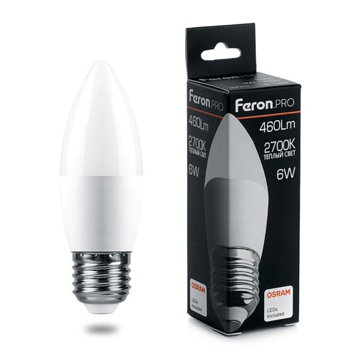 Лампа светодиодная FeronPRO LB-1306 Свеча E27 6W 2700K 10 штук
