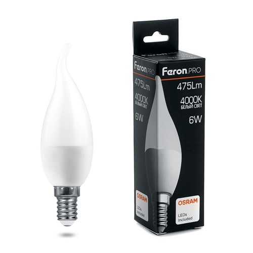 Лампа светодиодная FeronPRO LB-1306 Свеча E14 6W 4000K 10 штук