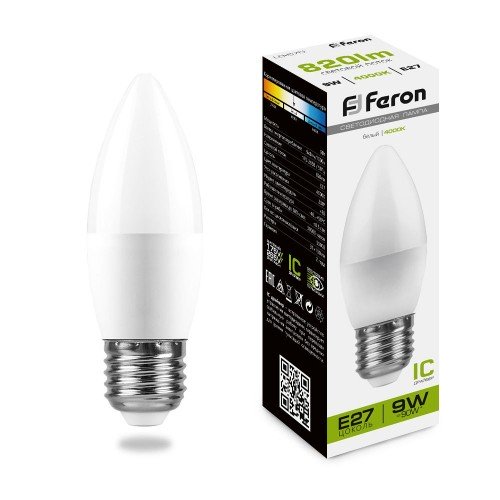 Лампа светодиодная Feron LB-570 Свеча E27 9W 4000K 10 штук