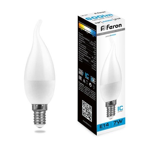 Лампа светодиодная Feron LB-97 Свеча на ветру E14 7W 6400K 10 штук