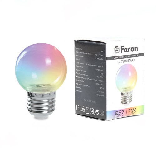 Лампа светодиодная Feron LB-37 Шарик прозрачный E27 1W RGB плавная смена цвета 10 штук