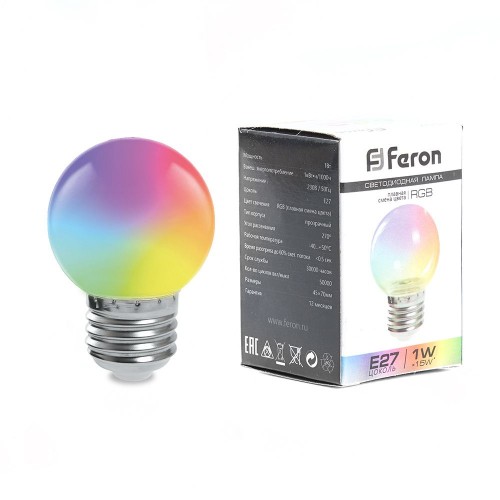 Лампа светодиодная Feron LB-37 Шарик матовый E27 1W RGB быстрая смена цвета 10 штук