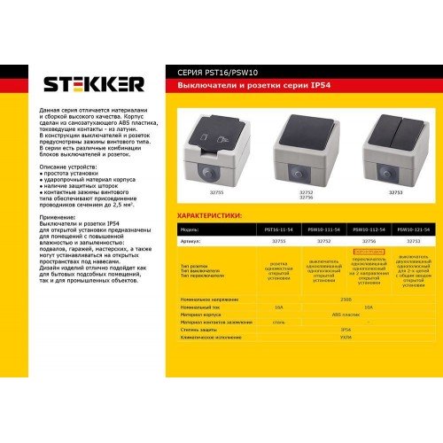 Розетка 1-местная с крышкой с/з STEKKER, PST16-11-54, пластик АВS, 250В, 16А, IP54, серый/графит