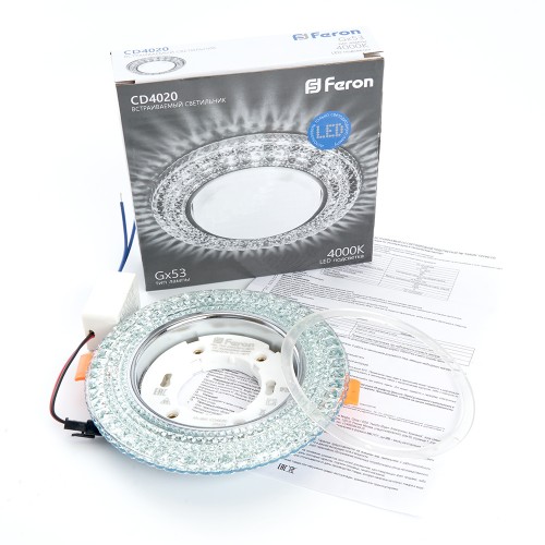 Светильник встраиваемый с белой LED подсветкой Feron CD4020 потолочный GX53 без лампы прозрачный