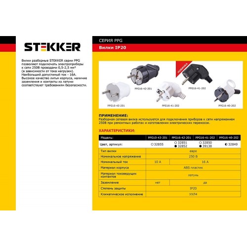 Вилка угловая с ушком с/з STEKKER, PPG16-40-202, пластик, 250В, 16A, IP20, белый