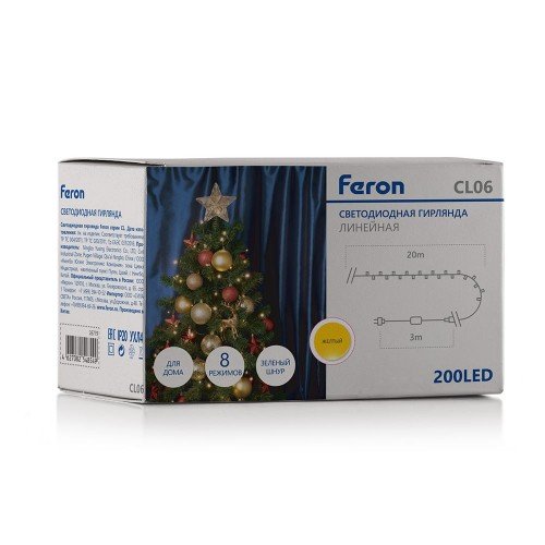 Светодиодная гирлянда Feron CL06 линейная 230V желтый c питанием от сети, контроллером, зеленый шнур