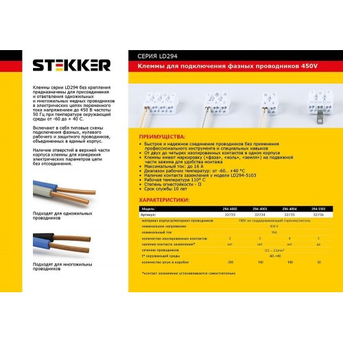 Клемма монтажная с/з STEKKER, LD294-5103, для подключения фазных проводников 3 полюса, 3 контактные группы (3 ввода, 3 вывода на полюс)