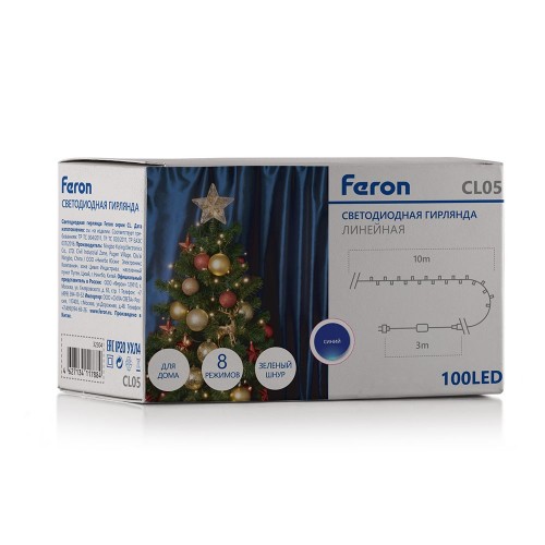 Светодиодная гирлянда Feron CL05 линейная 10м +3м 230V синий, с питанием от сеи, контроллером, зеленый шнур