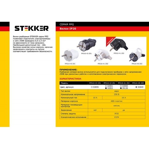 Вилка STEKKER PPG16-42-201 прямая с заземляющим контактом, ABS пластик 250В, 16A, IP20, белая