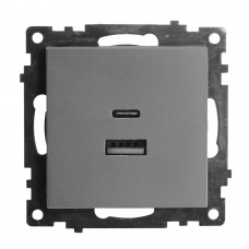 Розетка 2-местная USB + type C (механизм), 250В, 3А, max 20W, серия Катрин, графит, GLS10-7116-06 STEKKER 50052 Розетка 2-местная USB + type C (механизм), 250В, 3А, max 20W, серия Катрин, графит, GLS10-7116-06 STEKKER 50052