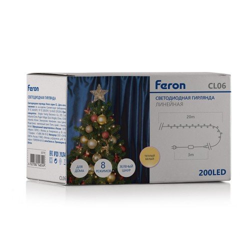 Светодиодная гирлянда Feron CL06 линейная 20м + 3м 230V 3300К, c питанием от сети, контроллером, зеленый шнур