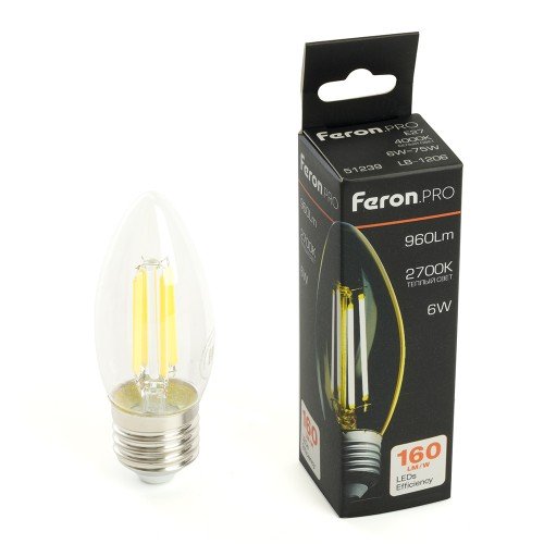 Лампа светодиодная Feron.PRO LB-1206 Свеча E27 960LM 6W 175-265V 2700K