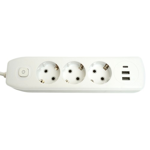 Удлинитель 3-местный c/з 3x1 мм2, 1,8 м, 250В, 10А, 2USB+1Type-C 2,4А, серия Home, белый STEKKER HM08-33-02