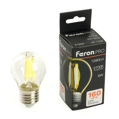 Лампа светодиодная FeronPRO LB-1708 Шарик E27 1280LM 8W 175-265V 2700K