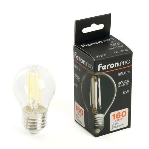 Лампа светодиодная FeronPRO LB-1706 Шарик E27 980LM 6W 175-265V 4000K