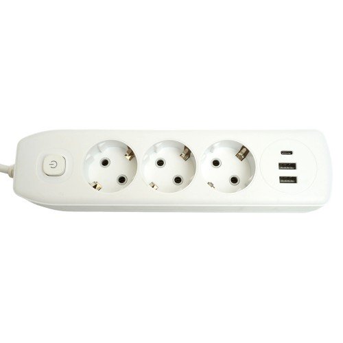 Удлинитель 3-местный c/з 3x1 мм2, 3 м, 250В, 10А, 2USB+1Type-C 2,4А, серия Home, белый STEKKER HM08-33-02