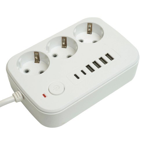 Удлинитель 3-местный c/з 3x1 мм2, 1,8 м, 250В, 10А, 4USB+2Type-C 2,4А, серия Home, белый STEKKER HM09-36-02