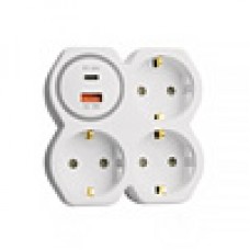 Разветвитель сетевой на 3 выхода с/з, STEKKER, 250В, 16А, USB A+Type C, 2,4А, PD, белый/серый ADP16-17-20 50110