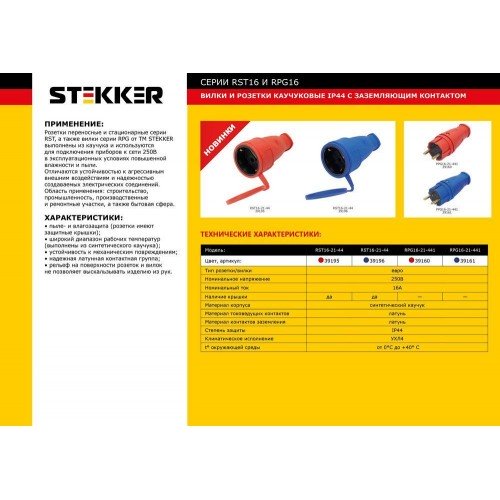 Вилка прямая с/з STEKKER, RPG16-21-441, каучук, 250В, 16A, IP44, красный (В 16-001)