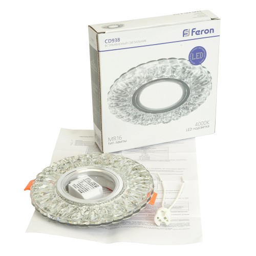 Светильник встраиваемый с белой LED подсветкой Feron CD938 потолочный MR16 G5.3 прозрачный