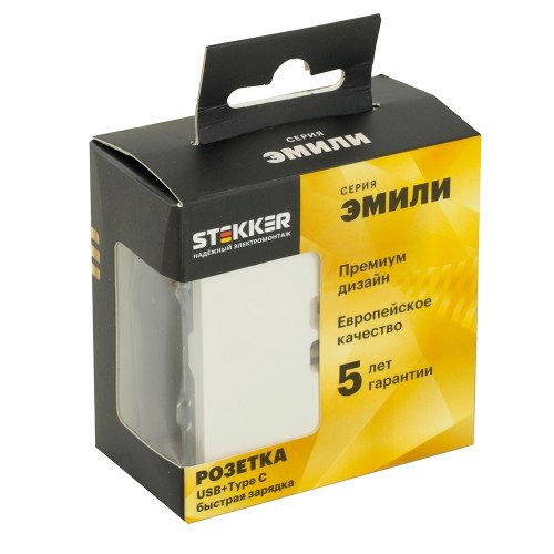 Розетка 2-местная USB + Type C (механизм), STEKKER, 250В, 20W, серия Эмили, RST10-5115-01, белый фарфор, soft touch