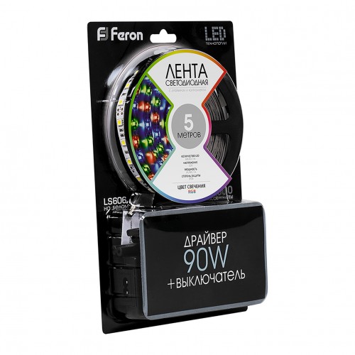 Светодиодная LED лента Feron LS606, 60SMD(5050)/m 14.4W/m 12V 5m RGB c адаптером с вилкой, контроллером с пультом в комплекте